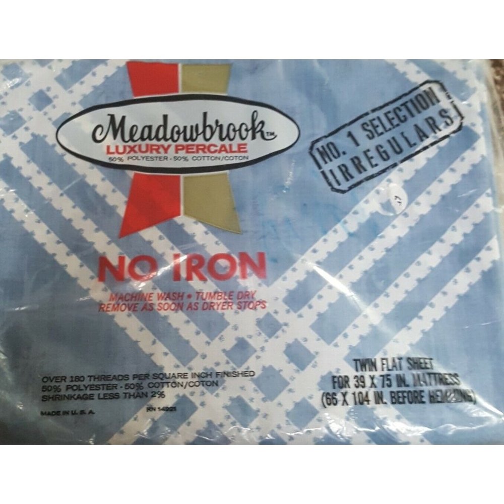 Vtg Irregular Meadowbrook Percale 50/50 No Iron Twin Flat Sheet Blue 66 x 104"